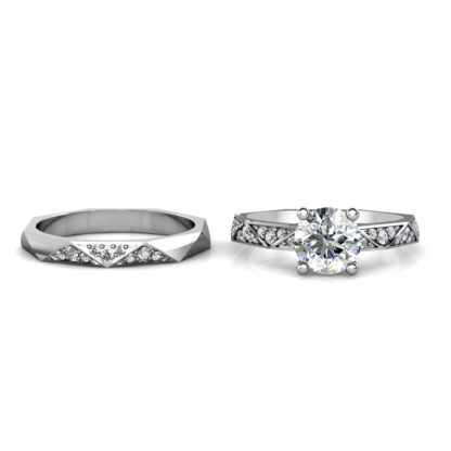 Front view of white gold faceted geometric diamond band shown beside a halo engagement ring