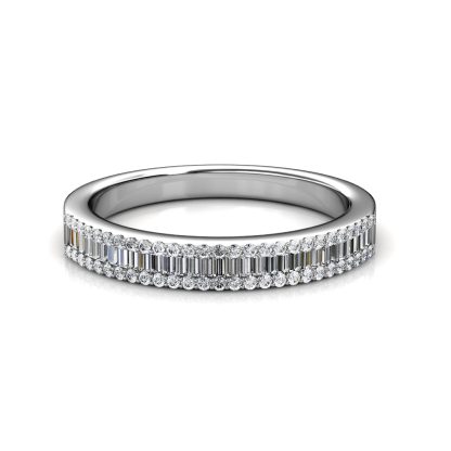 Front view of white gold or platinum baguette diamond half eternity band