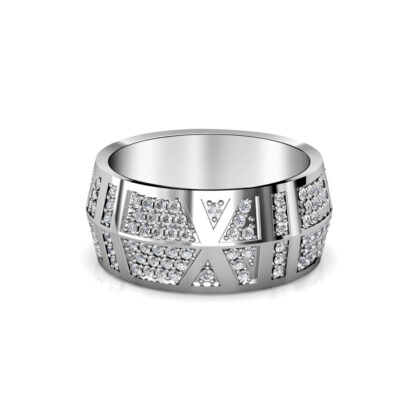 Front view of white gold or platinum wide pave diamond panel band