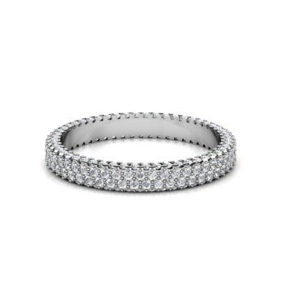 Front view of white gold or platinum triple row pave diamond eternity band