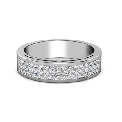 Front view of white gold or platinum wide two-row pave diamond slotted band