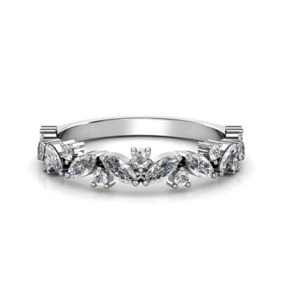 Front view of white gold or platinum marquise diamond leaf vine band