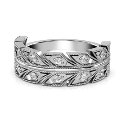 Front view of white gold or platinum milgrain leaf pattern diamond band