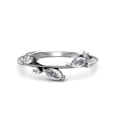 Front view of white gold or platinum marquise diamond branch ring