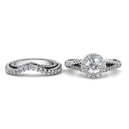 Front view of white gold or platinum curved pave diamond contour wedding band shown beside a halo engagement ring