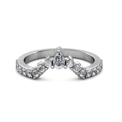Front view of white gold or platinum pear diamond curved crown band