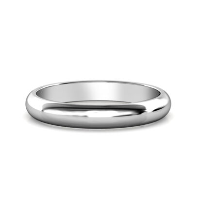 Front view of white gold or platinum polished domed wedding band