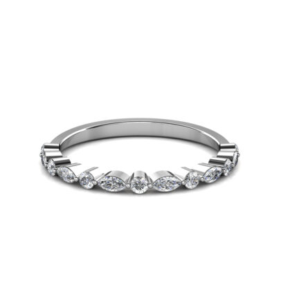 Front view of white gold or platinum marquise and round diamond half eternity ring