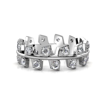 Front view of white gold or platinum staggered square bezel diamond band