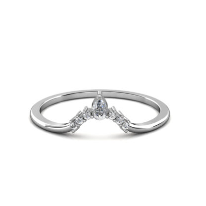 Front view of white gold or platinum pear diamond slim V contour ring