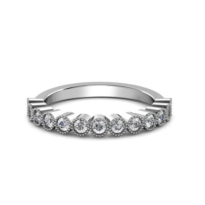 Front view of white gold or platinum milgrain bezel diamond half eternity band