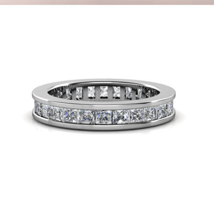 Front view of white gold or platinum princess cut channel-set eternity ring