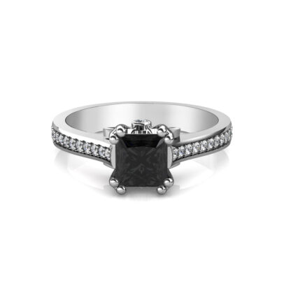 Front view of white gold or platinum black diamond solitaire ring with pave shoulders