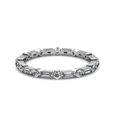 Front view of white gold or platinum baguette and round diamond station eternity band