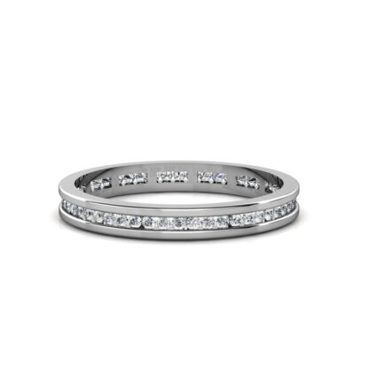 Front view of white gold or platinum slim channel-set diamond eternity band