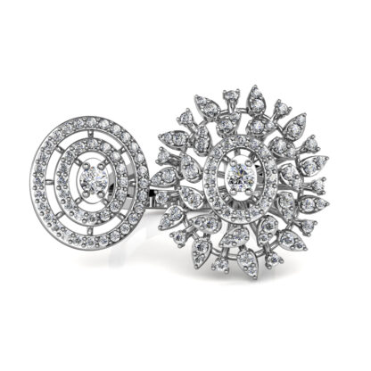 Front view of white gold or platinum two-finger diamond sunburst cocktail ring