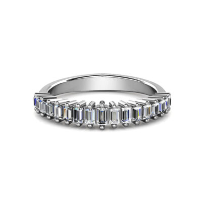 Front view of white gold or platinum prong-set baguette diamond half eternity ring