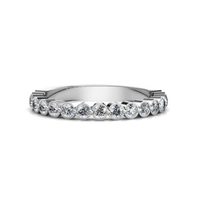 Front view of white gold or platinum bezel-set diamond half eternity band