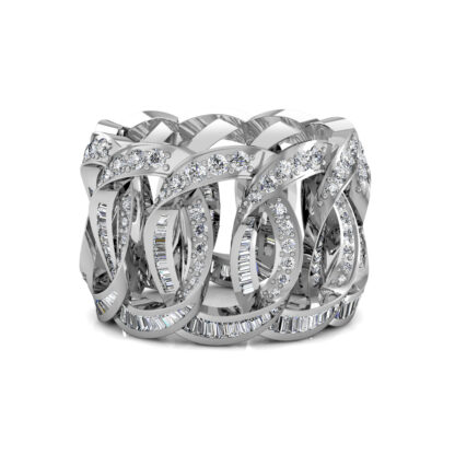 Front view of white gold or platinum interlocking loop baguette diamond wide ring