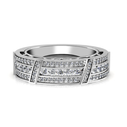 Front view of white gold or platinum wide channel and pave diamond band