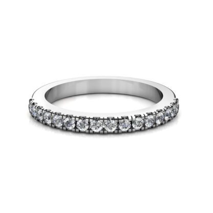 Front view of white gold or platinum shared-prong diamond half eternity band