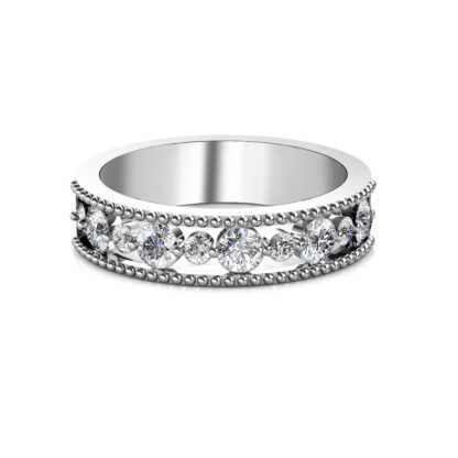 Front view of white gold or platinum beaded milgrain graduated diamond band