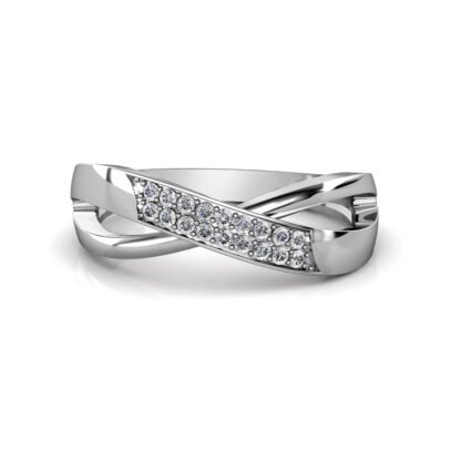 Front view of white gold or platinum pave diamond crossover wedding ring