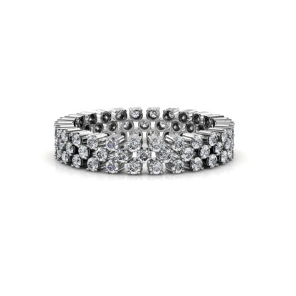 Front view of white gold or platinum double row staggered diamond eternity band