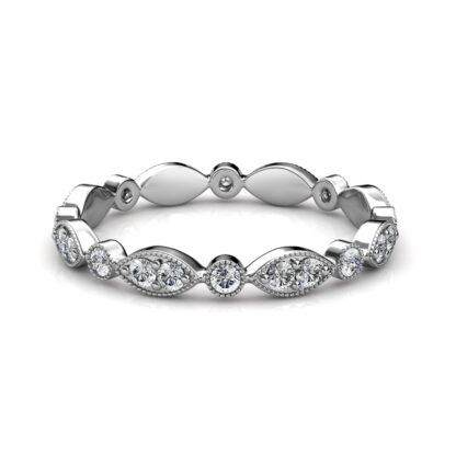 Front view of white gold or platinum milgrain marquise station diamond eternity band