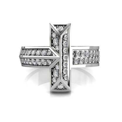 Top-down view of white gold or platinum pave diamond T shape statement ring