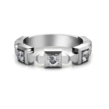 Front view of white gold or platinum geometric block bezel diamond band