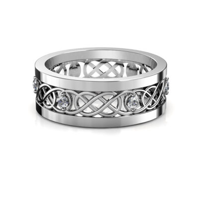 Front view of white gold or platinum Celtic knot openwork diamond band
