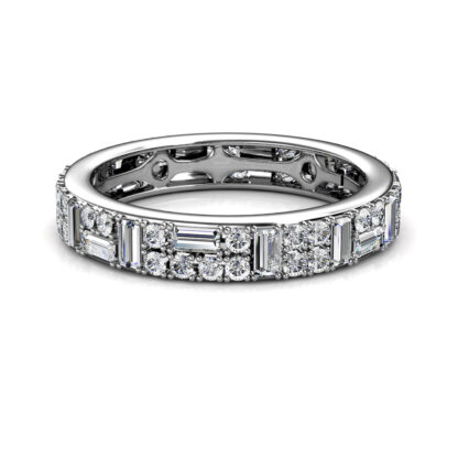 Front view of white gold or platinum baguette and round diamond eternity ring