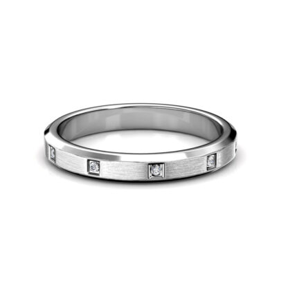 Front view of white gold or platinum beveled edge flush-set diamond band