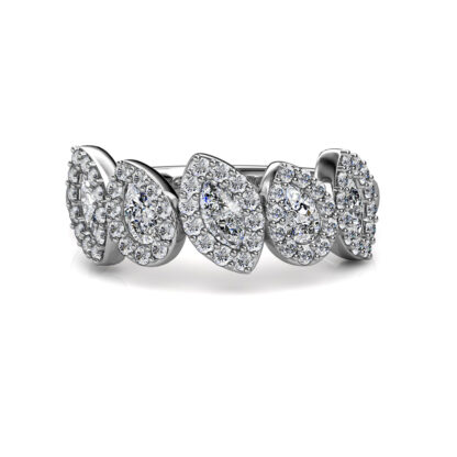 Front view of white gold or platinum pear and marquise diamond halo band