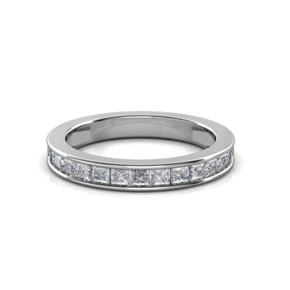 Front view of white gold or platinum princess cut channel-set diamond band ring
