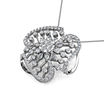 Floral diamond pendant in white gold or platinum with pavé-outlined petals, angled view
