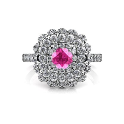 Top-down view of white gold or platinum pink sapphire diamond triple halo ring