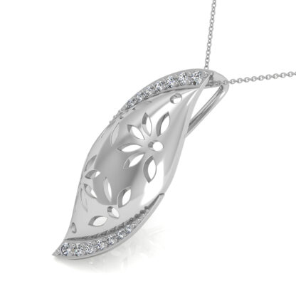 Angled view of white gold leaf pendant showing the floral cut-out pattern