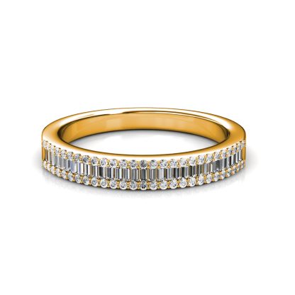 Front view of yellow gold baguette diamond half eternity band
