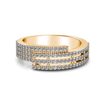 Front view of yellow gold four row pave diamond bypass band