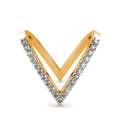 Front view of yellow gold elongated V pave diamond ring