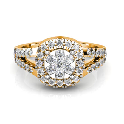 Front view of yellow gold illusion cluster halo split shank ring