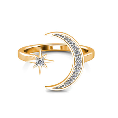 Front view of yellow gold crescent moon and star diamond ring