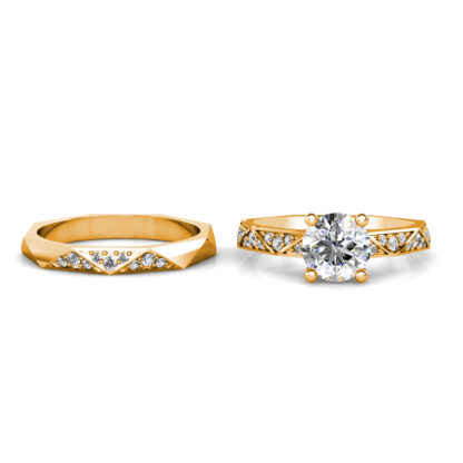 Front view of yellow gold faceted geometric diamond band shown beside a halo engagement ring