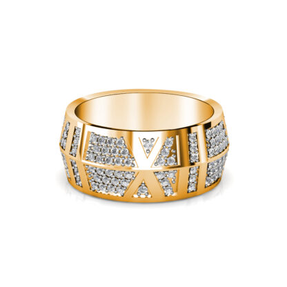 Front view of yellow gold wide pave diamond panel band