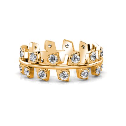 Front view of yellow gold staggered square bezel diamond band