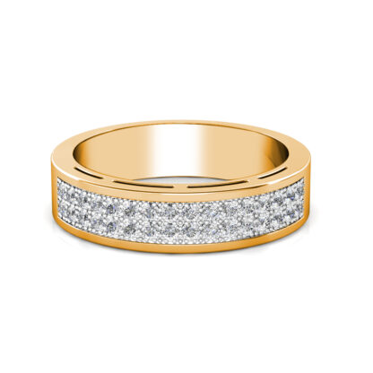 Front view of yellow gold wide two-row pave diamond slotted band