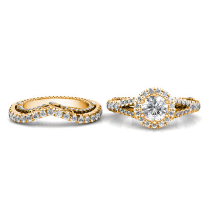 Front view of yellow gold curved pave diamond contour wedding band shown beside a halo engagement ring