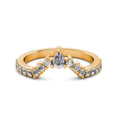 Front view of yellow gold pear diamond curved crown band